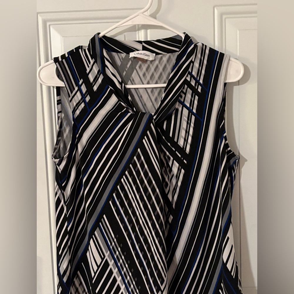 Calvin Klein Women's Black, White, and Blue Striped Blouse